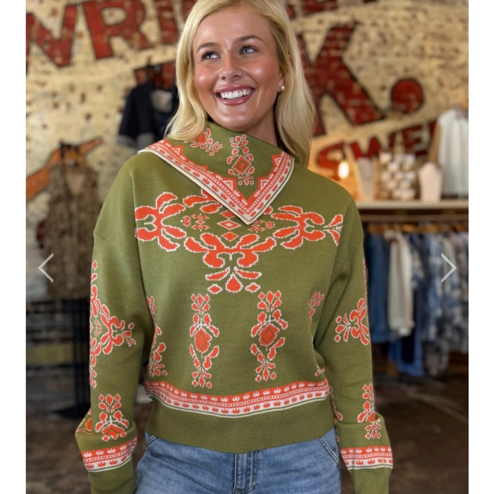 THML Olive and Orange Cowl Neck Sweater